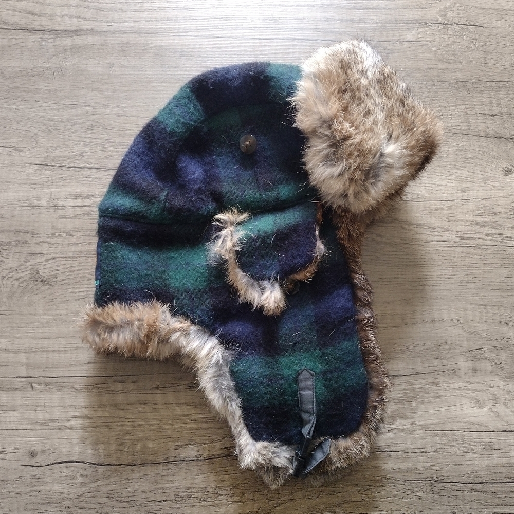 Mad Bomber Hat Blue Green Plaid Wool Trapper Rabbit Fur Ear Flaps Ski Cap L